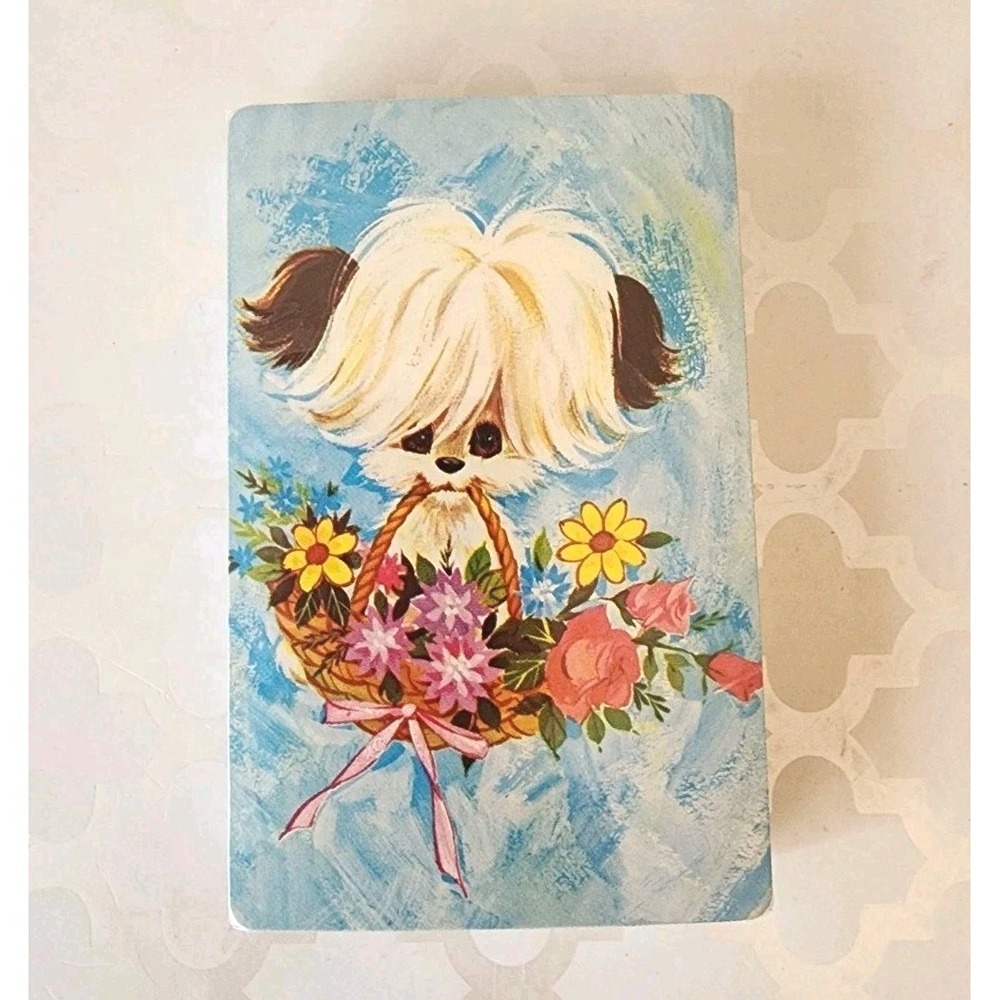 Vtg NOS Playing Cards Puppy Dog w/ Basket Of Flowers Kitschy Cute Blue Sealed